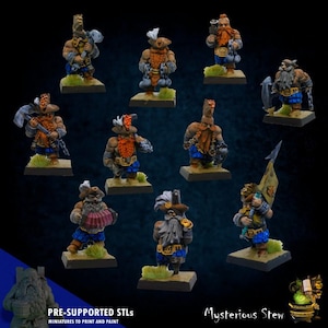 May include: A collection of miniature dwarf figurines, each with unique armor, weapons, and accessories. The dwarves are painted in various colors, including blue, brown, and gold. The text "PRE-SUPPORTED STLs" and "Mysterious Stew" are visible.