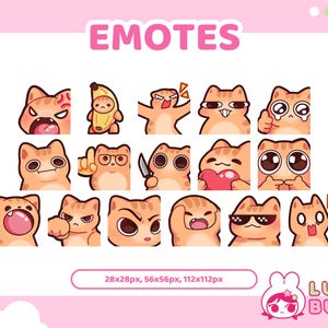 Pode incluir: Um conjunto de 16 emoticons de gato laranja com diferentes expressões, incluindo surpreso, com raiva, feliz e apaixonado. Os emoticons estão em um formato de grade e são rotulados como "EMOTES".