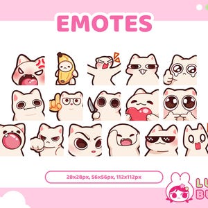 Könnte beinhalten: Ein Satz von 14 animierten Emojis mit einem Cartoon-Kaninchen mit verschiedenen Ausdrücken. Die Emojis sind in verschiedenen Größen, darunter 28x28px, 56x56px und 112x112px. Der Text "EMOTES" befindet sich oben im Bild, und der Text "LUSH BUN" befindet sich unten im Bild.