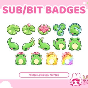 Peut inclure: Un ensemble de badges numériques représentant des grenouilles et des nénuphars de dessin animé en différentes tailles. Les badges sont disponibles en 18x18px, 36x36px et 72x72px. Le texte "SUB/BIT BADGES" est en haut de l'image. Le texte "LUSH BUN" est en bas de l'image.