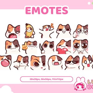 Könnte beinhalten: Ein Set mit 12 animierten Katzen-Emojis mit verschiedenen Ausdrücken, darunter glücklich, traurig, wütend, überrascht und verliebt. Die Emojis sind in einem Rasterformat angeordnet und mit "EMOTES" beschriftet.