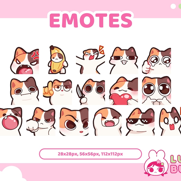 Calico Cat Emotes | 16 Pack | Twitch & Discord | Kawaii Stream Emoji Pack | Kitty