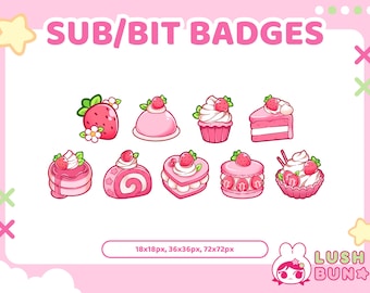 Twitch Sub/Bit Badges Pack 9pcs | Strawberry Cafe Badges | Twitch Badges | Sub Badges | Bit Badge | Stream Badges | Strawberry