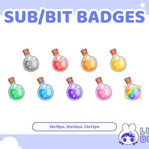 Könnte beinhalten: Satz von acht bunten Zaubertrank-Flaschen-Abzeichen in verschiedenen Farben, darunter Rot, Orange, Gelb, Grün, Blau, Lila, Pink und Regenbogen. Die Abzeichen sind in drei Größen erhältlich: 18x18px, 36x36px und 72x72px. Der Text "SUB/BIT BADGES" befindet sich oben im Bild. Der Text "LUSH BUN" befindet sich unten im Bild.