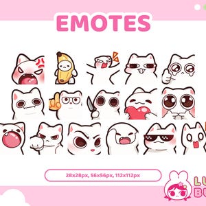 Può includere: Una grafica rosa con la scritta "EMOTES" in rosa. L'immagine presenta varie illustrazioni di gatti bianchi con diverse espressioni, tra cui arrabbiato, sorpreso e amorevole. Il logo Lush Bun si trova in basso a destra.