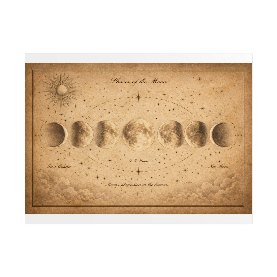 Moon Phases Poster | Vintage Lunar Chart, Astronomy Wall Art, Celestial ...
