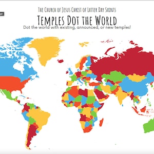 May include: A world map showing the locations of existing, announced, and new temples of The Church of Jesus Christ of Latter-day Saints. The map is color-coded to show the different stages of temple development.