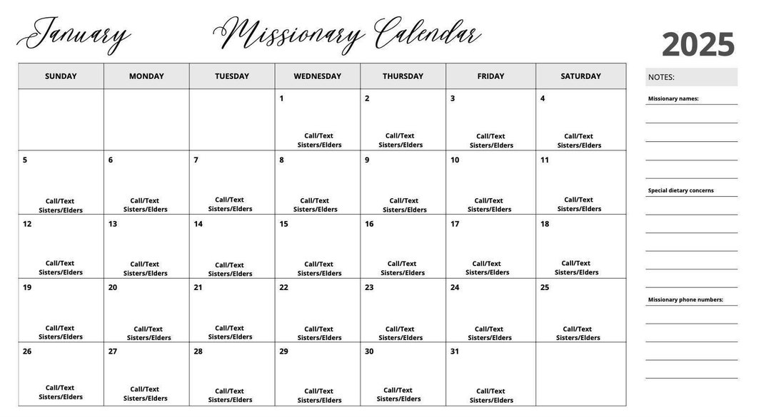LDS Missionary Meal Calendar 2025 Printable - Etsy