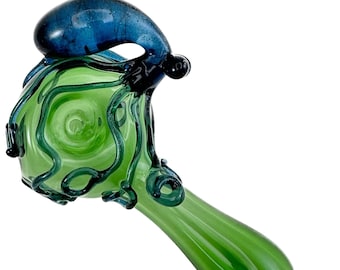 Octopus Glass Pipe. Hand Blown Boro Pyrex Black Spoon and Blue Stardust Octopi. You Choose the Color and Made to Order.