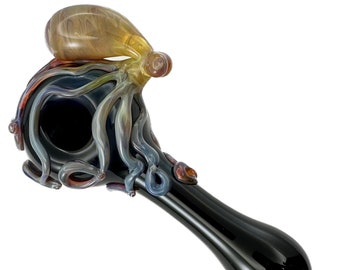 Octopus Glass Pipe. Hand Blown Boro Pyrex Black Spoon and Triple Passion Octopi. You Choose the Color and Made to Order.