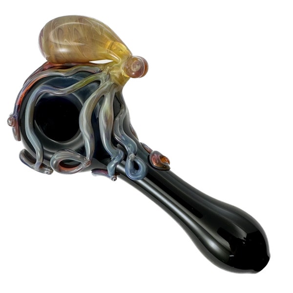 Octopus Glass Pipe. Hand Blown Boro Pyrex Black Spoon and Triple Passion Octopi. You Choose the Color and Made to Order.