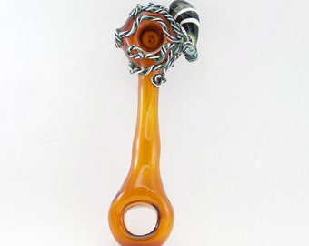 Octopus Large Donut Stem Glass Spoon Pipe in Amber & Artist Swirl, #812