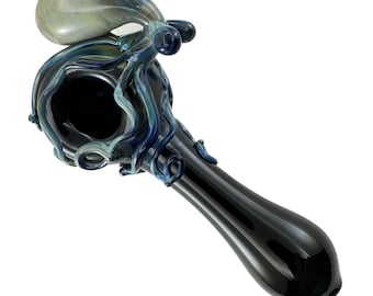 Octopus Glass Pipe. Hand Blown Boro Pyrex Black Spoon and Silver Amethyst Octopi. You Choose the Color and Made to Order.