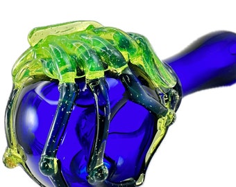 Facehugger Alien Glass Pipe.  Thick Hand Blown Cobalt Blue Spoon with Sci Fi Heady Flamework Slyme Xenomorph. Made to Order