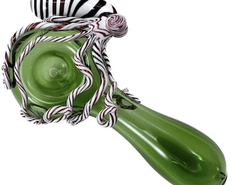 Octopus Glass Pipe. Hand Blown Boro Pyrex Emerald Green Spoon and Candy Cane Octopi. You Choose the Color and Made to Order.