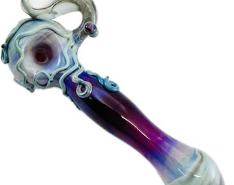 Octopus Large Glass Pipe. Hand Blown Amber Purple Spoon Silver Amethyst Octopi. Upgrades double head dots,Mouthpiece and Eyes. Made to order