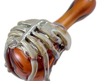 Facehugger Alien Glass Pipe.  Thick Hand Blown Amber Spoon with Sci Fi Heady Flamework Caramel Xenomorph   Made to Order