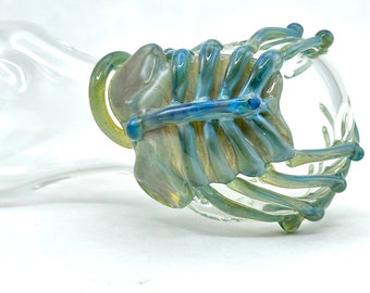 Facehugger Large Donut Stem Glass Spoon Pipe in Clear & Green Amber Purple, #823