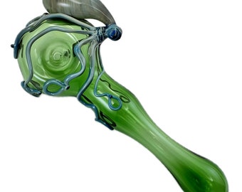 Octopus Glass Pipe. Large Pyrex Hand Blown Emerald Green spoon with Flamework Silver Amethyst Octopi. You Choose the Color. Made to Order