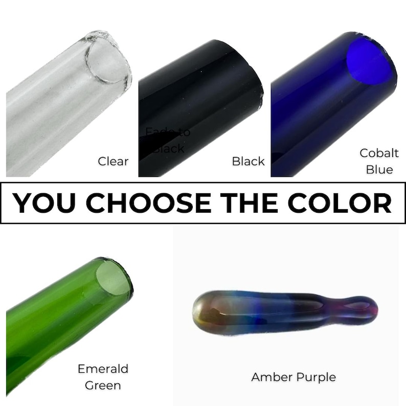 a collection of glass pipes in various colors, including clear, black, cobalt blue, emerald green, and amber purple.