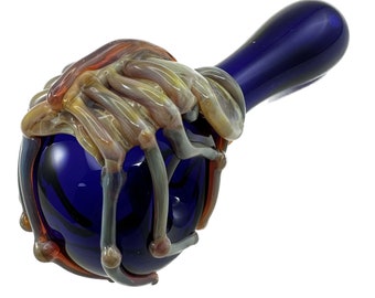 Facehugger Alien Glass Pipe.  Thick Hand Blown Cobalt Blue Spoon with Sci Fi Heady Flamework Triple Passion Xenomorph   Made to Order