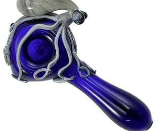 Octopus Glass Pipe. Hand Blown Boro Pyrex Cobalt Blue Spoon and Silver Amethyst Octopi. You Choose the Color and Made to Order.