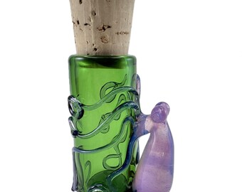 Octopus Glass Jar or Shot Glass. Thick Hand Blown Borosilicate Emerald Green Jar and Cork with Flamework Pink Slyme Octopi . Made to Order