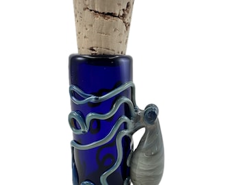 Octopus Glass Jar or Shot Glass. Thick Hand Blown Borosilicate Cobalt Blue Jar and Cork with Flamework Silver Amethyst Octopi. Made to Order