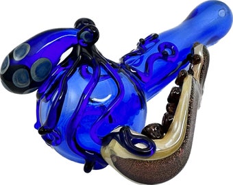 Octopus Pipe / Reversible Spoon / Glass Pipe / Heady Glass / Tobacco Pipes / Pyrex / Cobalt Blue / Dichroic Glass / Ready to Ship #900