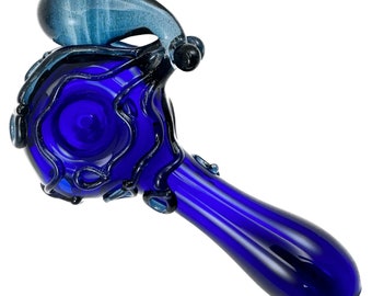 Octopus Glass Pipe. Hand Blown Boro Pyrex Cobalt Blue Spoon and Flamwork Blue Stardust Octopi. You Choose the Color and Made to Order.