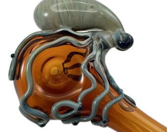 Octopus Glass Pipe Spoon. Hand Blown Heady Tobacco Pyrex Amber with Silver Amethyst Octopi. Ready to ship, in stock, Ships next business day