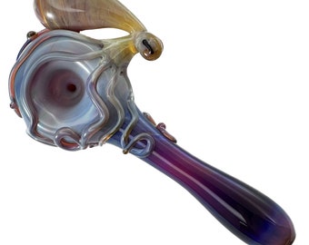 Octopus Glass Pipe. Hand Blown Boro Pyrex Amber Purple Spoon and Triple Passion Octopi, add eye upgrade, link in description. Made to Order.