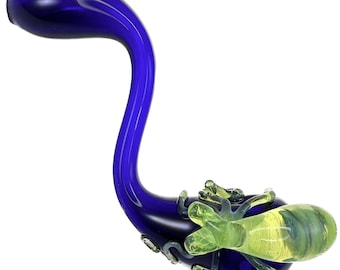 Octopus Sherlock Glass Pipe. Custom Hand Blown Cobalt Blue Sherlock with flamework Slyme Octopi.  Made to Order.