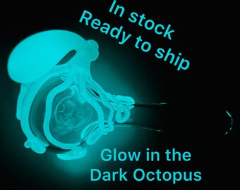 Glow in the dark Octopus Glass Pipe In Stock Ready to ship. Hand Blown Thick Wall Spoon in Clear & Flamework Aqua Glow-in-the-dark octopi.