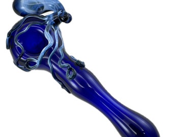 Octopus Glass Pipe. Large Pyrex Hand Blown Cobalt Blue Spoon with Flamework Fade to Black Octopi. Custom You Choose the Color.Made to Order.