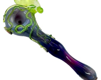 Octopus Glass Pipe. Large Pyrex Hand Blown Amber Purple spoon with Flamework Slyme octopi. You Choose the Color. Made to Order