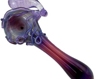 Octopus Glass Pipe. Hand Blown Boro Pyrex Amber Purple Spoon and Pink Slyme Octopi. Made to Order.