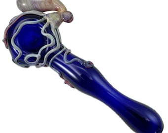 Octopus Glass Pipe. Large Pyrex Hand Blown Cobalt Blue Spoon  with Flamework Triple Passion Octopi. Made to Order.