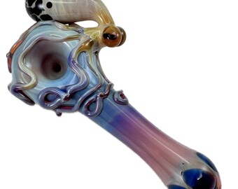 Octopus Glass Pipe Spoon. Hand Blown Amber Purple Heady Tobacco with Triple Passion Octopi.Ready to ship, in stock, Ships next business day.