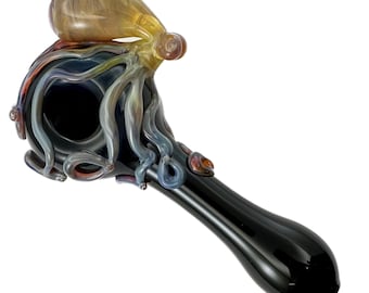 Octopus Glass Pipe. Hand Blown Boro Pyrex Black Spoon and Triple Passion Octopi. You Choose the Color and Made to Order.