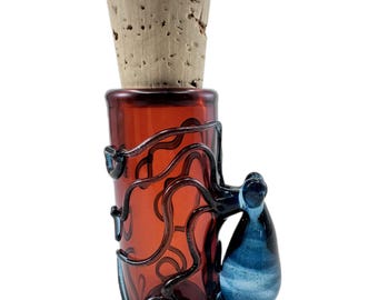 Octopus Glass Jar or Shot Glass. Thick Hand Blown Borosilicate Amber Jar and Cork with Flamework Blue Stardust Octopi. Made to Order