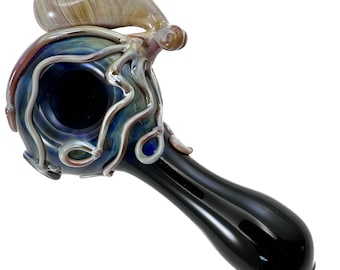 Octopus Glass Pipe. Hand Blown Boro Pyrex Black Spoon and Caramel Octopi. You Choose the Color and Made to Order.