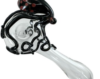 Octopus Glass Pipe Spoon. Hand Blown Heady Tobacco Clear Pyrex with Black Octopi. Ready to ship, in stock, Ships next business day.