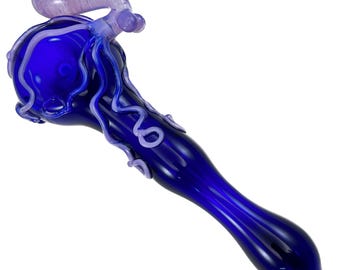 Octopus Glass Pipe. Large Pyrex Hand Blown Cobalt Blue Spoon with Flamework Pink Skyme Octopi. Custom You Choose the Color.Made to Order.