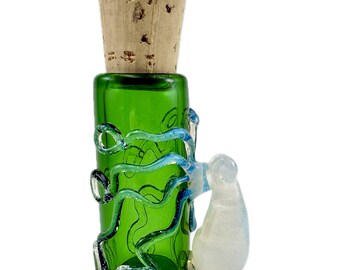 Octopus Glass Jar or Shot Glass. Thick Hand Blown Borosilicate Emerald Green Jar and Cork with Flamework Secret White Octopi. Made to Order