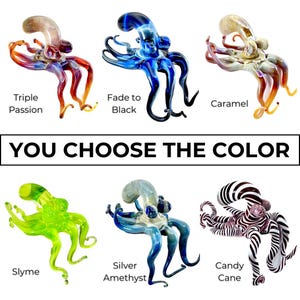 six colorful glass octopus sculptures, each with a different color and pattern, arranged in a grid layout.