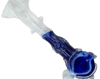 Octopus vs Squid Glass Pipe. Functional Large Hand Blown Heady Tobacco Art Cobalt Blue Spoon and Secret White Squid & Octopus. Custom made