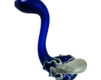 Octopus Sherlock Glass Pipe. Custom Hand Blown Cobalt Blue Sherlock with flamework Silver Amethyst Octopi.  Made to Order.