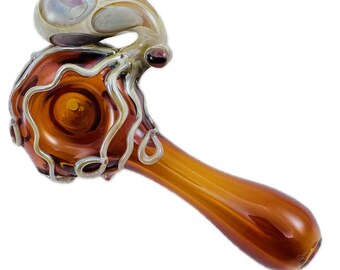 Octopus Glass Pipe Spoon. Hand Blown Heady Tobacco Pyrex Amber with Caramel Octopi. Upgrades includes double head dots and eyes
