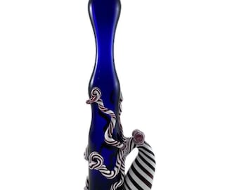 Octopus Glass Pipe. Hand Blown Large Cobalt Blue Chillum Heady Bat Piece with Candy Cane Octopi.   Made to Order
